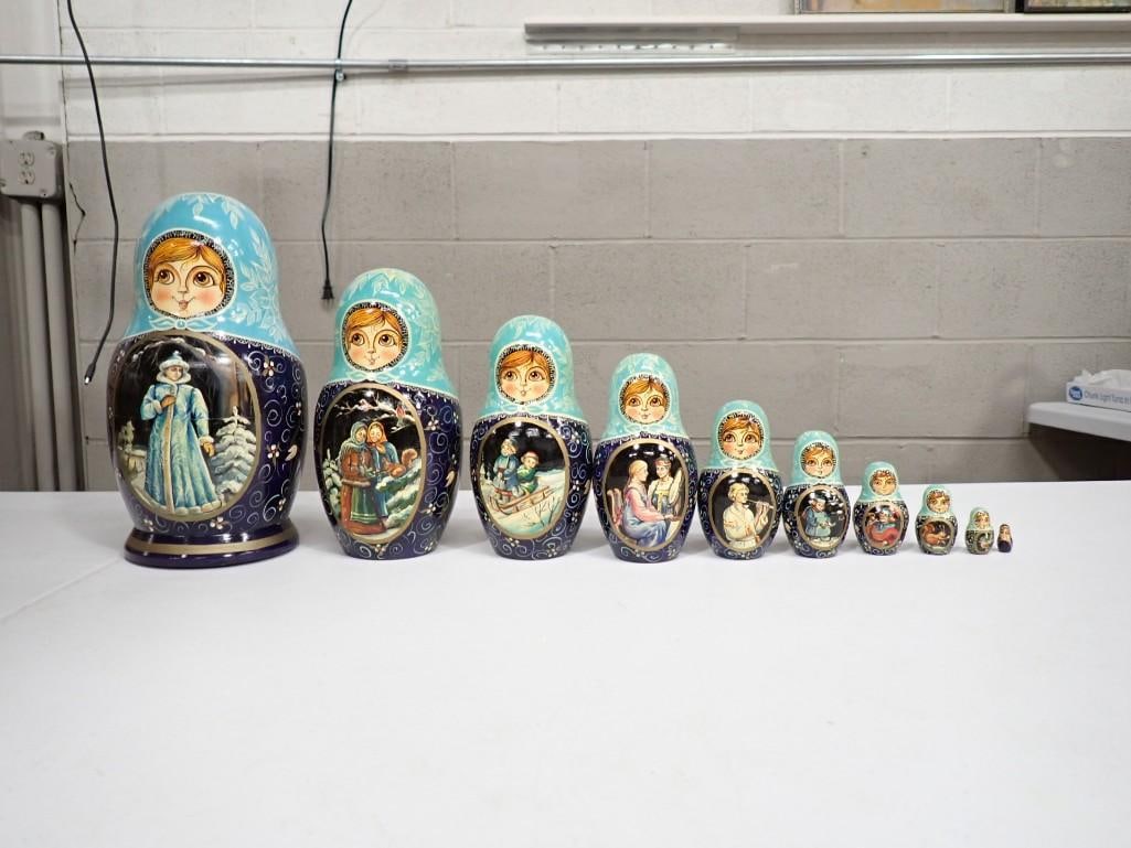 Set of 10 Hand Painted Russian Nesting Dolls Artist Signed on the Bottom: Set of 10 Hand Painted Russian Nesting Dolls Artist Signed on the Bottom