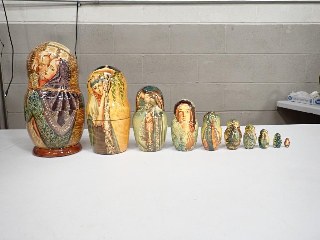 Set of 10 Hand Painted Russian Nesting Dolls Artist Signed on the Bottom: Set of 10 Hand Painted Russian Nesting Dolls Artist Signed on the Bottom