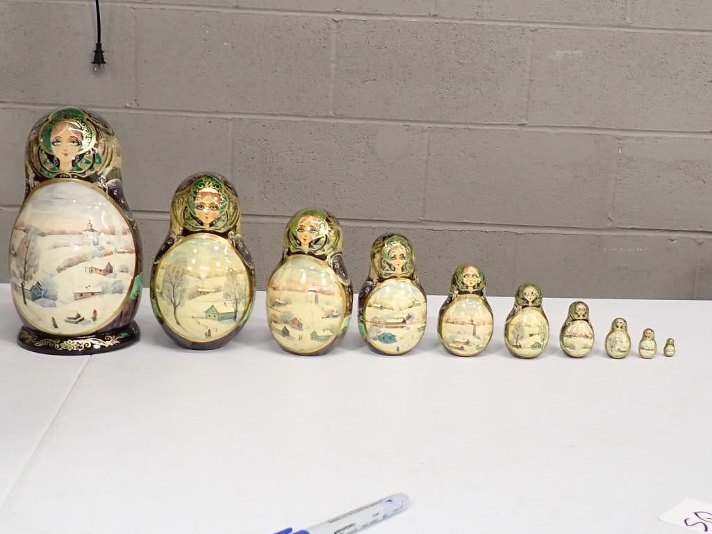 Set of 10 Hand Painted Russian Nesting Dolls Artist Signed on the Bottom: Set of 10 Hand Painted Russian Nesting Dolls Artist Signed on the Bottom