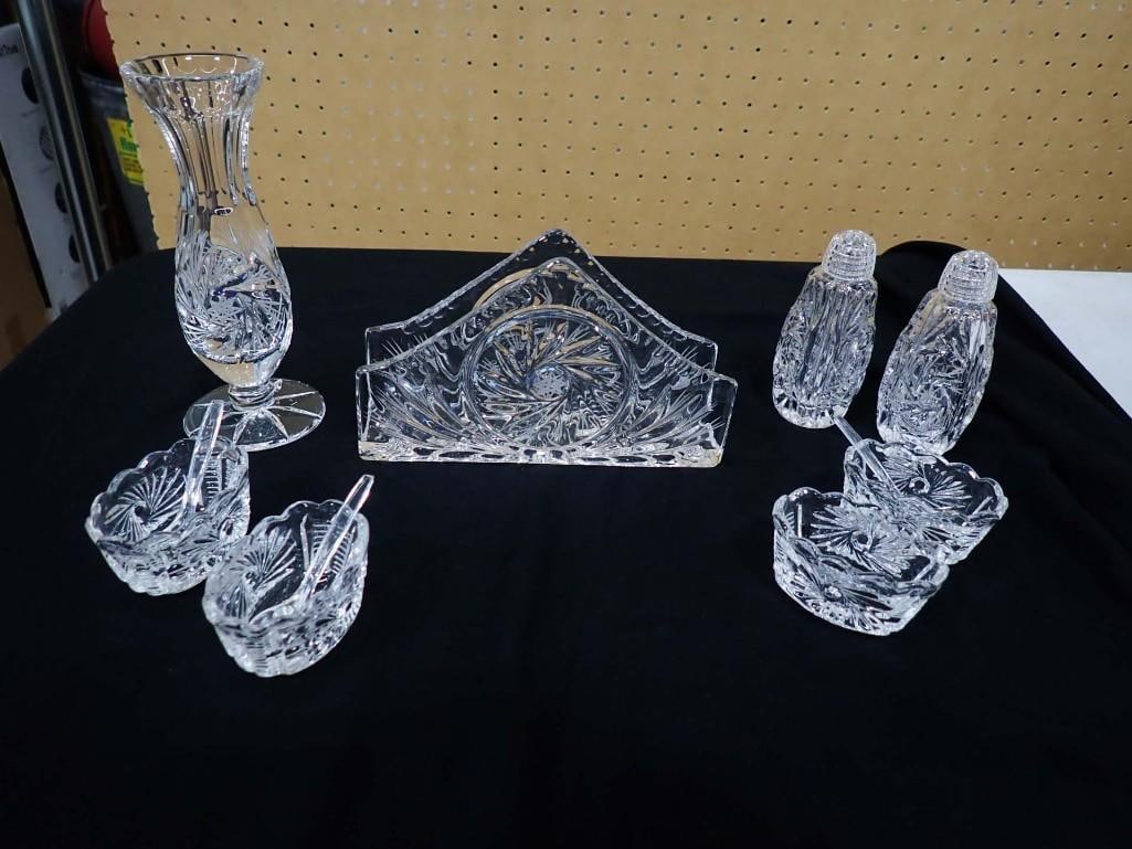 Lot of Crystal incl Footed Vase, 4 Salts, 3 Spoons, Napkin Holder, Salt and Pepper Shakers: Lot of Crystal incl Footed Vase, 4 Salts, 3 Spoons, Napkin Holder, Salt and Pepper Shakers