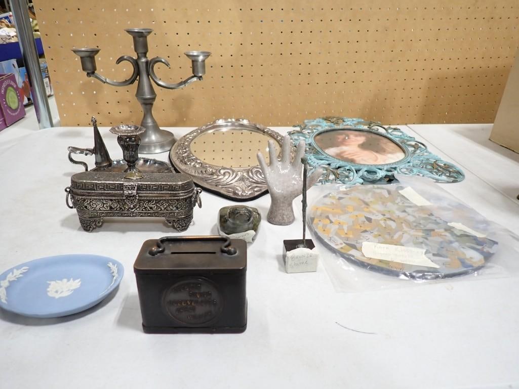 Misc. Decor Lot including Silver plate, mirrors, banks, Jasperware, Bronze, etc (1 of 15)