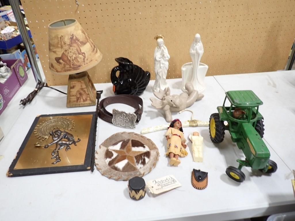 Misc. Lot including Native American Decor, Doll, Figurines, Art, Lamp, Toy Tractor: Misc. Lot including Native American Decor, Doll, Figurines, Art, Lamp, Toy Tractor