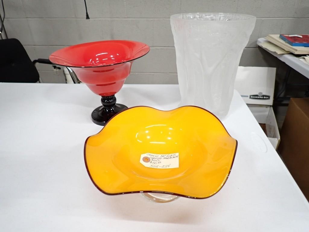 Art Glass lot including Orange Compote - Hand blown, Czech Red and Black, 1930's Barolac Forest Vase: Art Glass lot including Orange Compote - Hand blown, Czech Red and Black, 1930's Barolac Forest Vase - Josef Inwald Bohemian