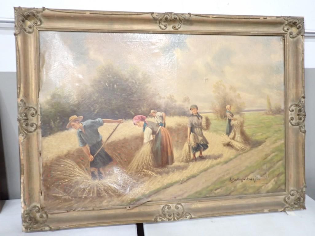 Original Painting on Canvas in the Style of Adolf Baumgartner "La Fenaison" Framed 43" x 30" (1 of 7)