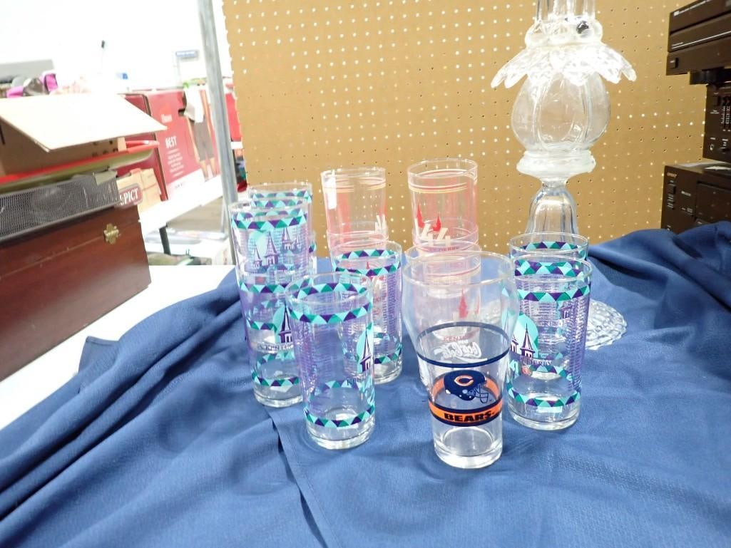 Glassware incl Kentucky Derby Glasses, Chicago Bears Glass,: Glassware incl Kentucky Derby Glasses, Chicago Bears Glass, Glued Together Repurposed Glass Sculpture with a large chip