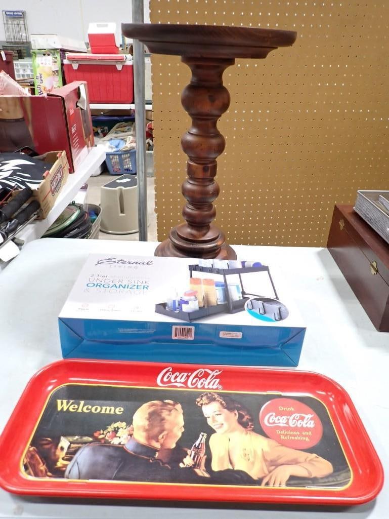 Collectibles incl Coca Cola Tray, Wood Pedestal, NIB Under Sink Organizer: Collectibles incl Coca Cola Tray, Wood Pedestal, NIB Under Sink Organizer