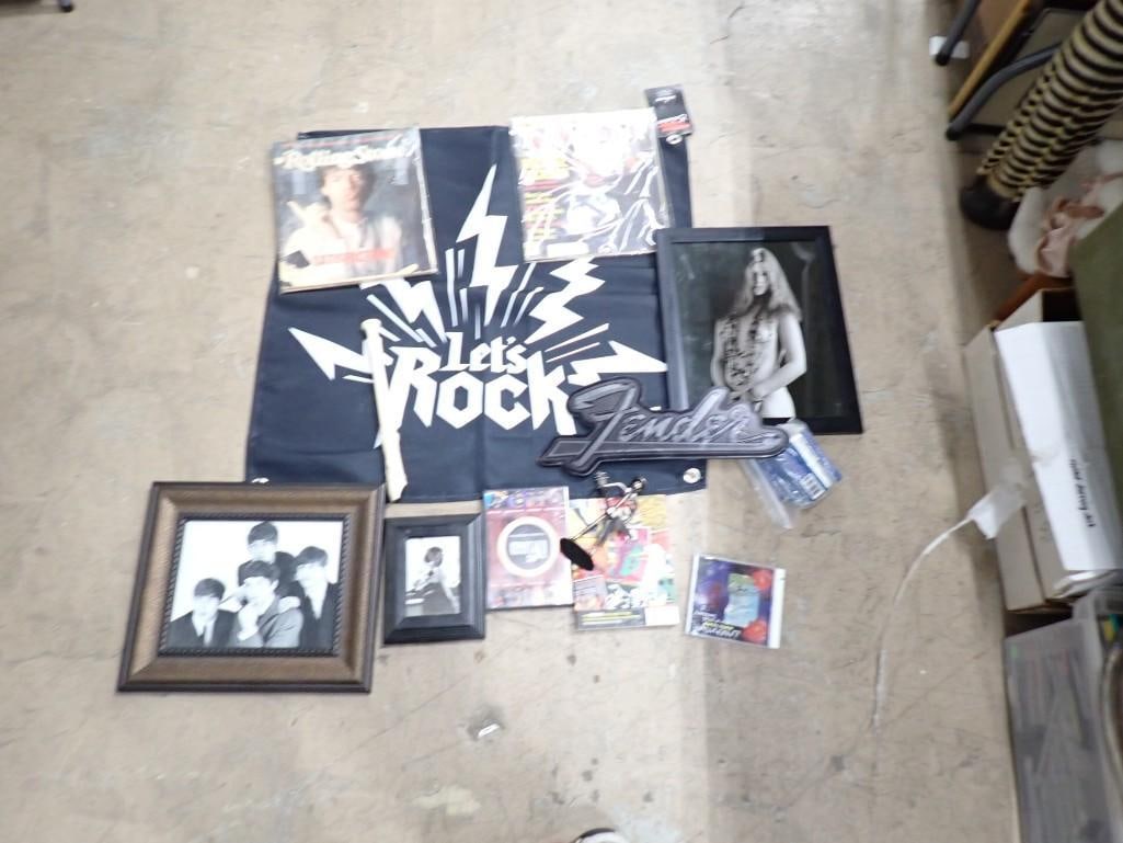 Music Lot incl Let's Rock Banner, Vintage Rolling Stone Magazines, The Beatles Print, Janis Joplin: Music Lot incl Let's Rock Banner, Vintage Rolling Stone Magazines, The Beatles Print, Janis Joplin Nude Print, Jimi Hendrix Print, Recorder, Rap Music Trading Cards, Fender Sign, etc.