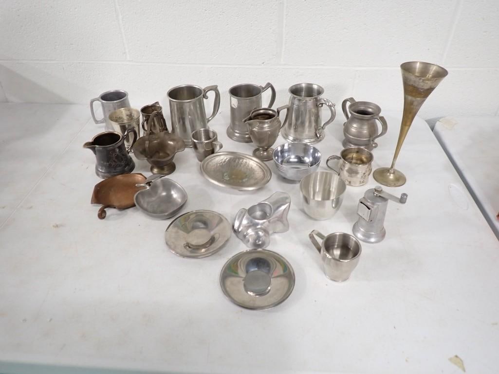 Lot of Metal Serving in Pewter Steins, Aluminum Frog, Small Brass Basket, Copper Ashtray, etc (1 of 10)