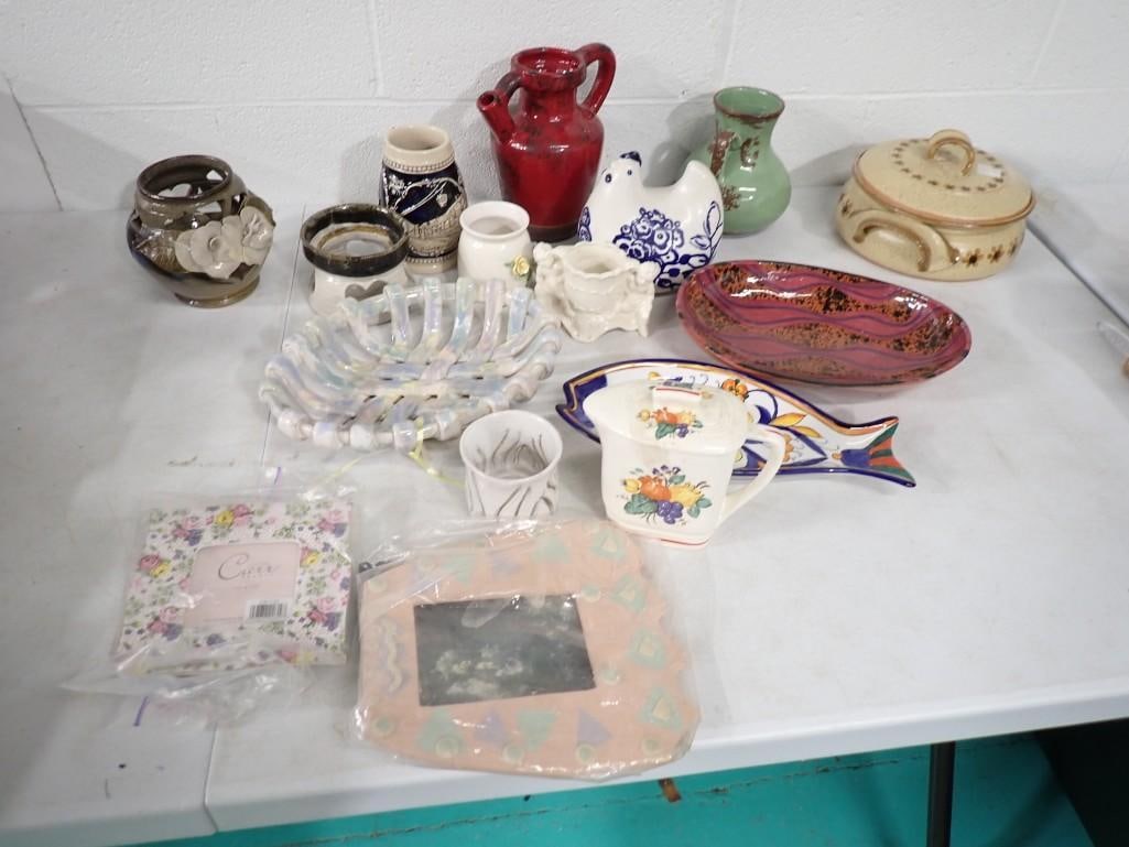 Lot of Ceramic and Pottery incl Vases, Bowls, Steins, Candle Holder, Pitcher, Rooster Figure (1 of 14)