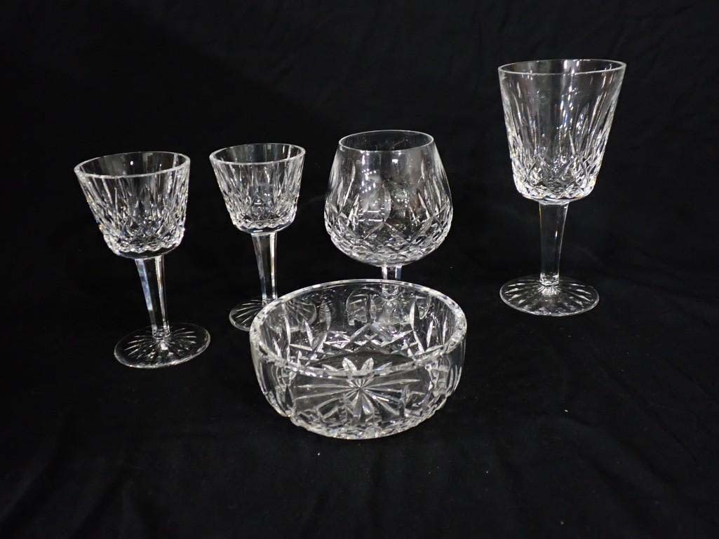 Group of Waterford Crystal in the Lismore Pattern incl One Water Goblet, One Brandy Snifter,: Group of Waterford Crystal in the Lismore Pattern incl One Water Goblet, One Brandy Snifter, One Round Bowl (diameter 5"), and Two Wine Goblets (ground down).