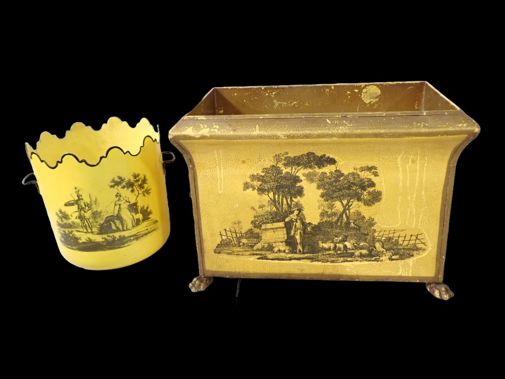 Two French Yellow Tole Style Metal Planters incl One Footed Rectangular Jardiniere with Lion Head (1 of 9)