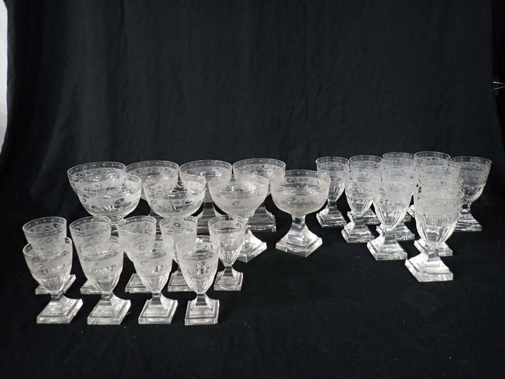 Kosta Boda Crystal Stemware, Princess Louise Pattern: Kosta Boda Crystal Stemware, Princess Louise Pattern comprising 11 wine goblets, 8 champagne / sherbet goblets, and 9 cordials