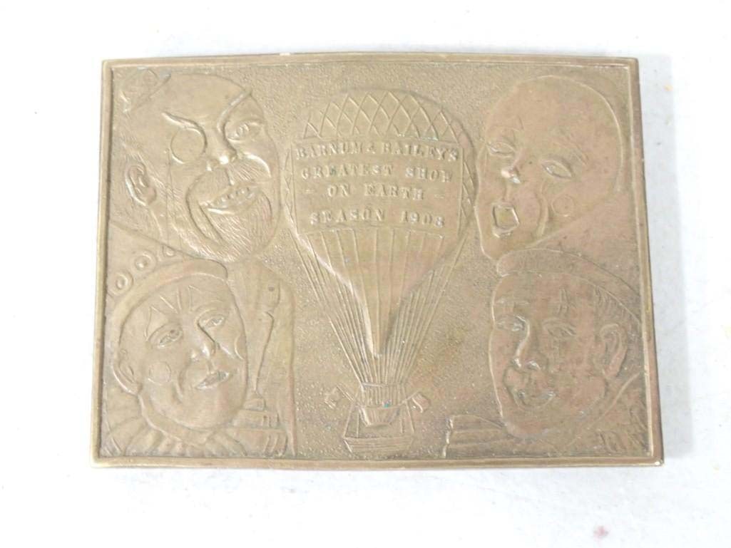 A Barnum & Bailey Circus Brass Belt Buckle Stamped Tiffany & Co: A Barnum & Bailey Circus Brass Belt Bucklet Stamped commemorating "Barnum & Bailey's Greatest Show on Earth Season 1908" . Reverse is stamped " Tiffany & Co 221 Regent St. 