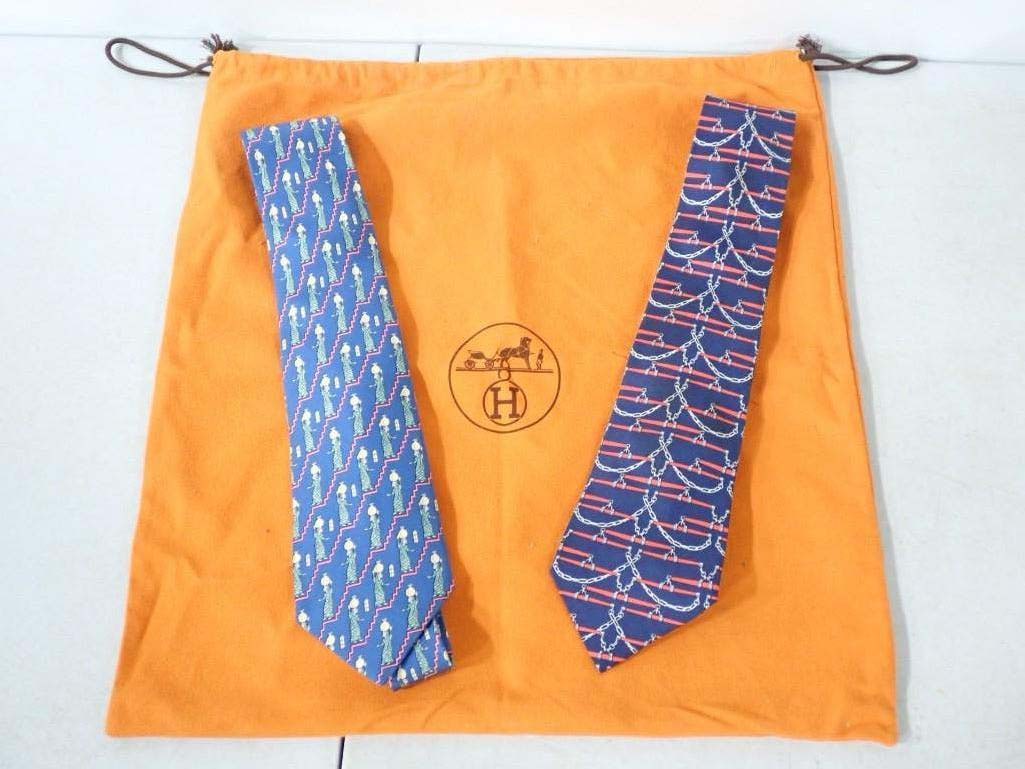 Two Hermes Silk Ties incl "Equestrian Tack" Blue and Red with Chair Swags, Pattern 605 USA and (1 of 9)