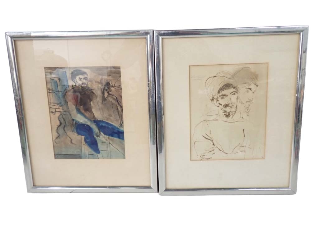 In the Style of Lester Schwartz (American, 1912-2005) 2 Watercolors on Paper of Men: In the Style of Lester Schwartz (American, 1912-2005) 2 Watercolors on Paper of Men, Both pencil signed. "Paris" lower left, "Singapore" upper left. Each is 16" x 14"