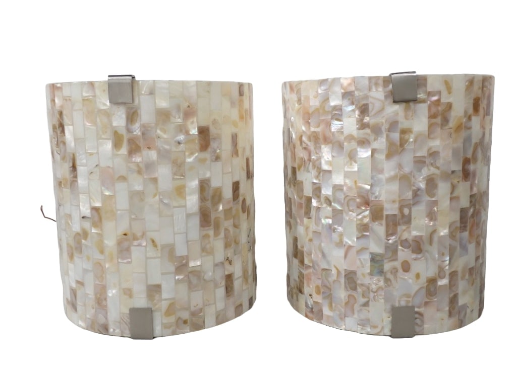 A Pair of Intertek Curved Mosaic Shell and Brushed Metal Sconces: A Pair of Intertek Curved Mosaic Shell and Brushed Metal Sconces