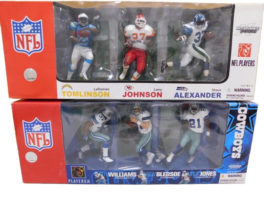 NFL Action Figures incl Roy Williams, Julius Jones, Drew Bledsoe, Shaun Alexander, Larry Johnson: NFL Action Figures incl Roy Williams, Julius Jones, Drew Bledsoe, Shaun Alexander, Larry Johnson, LaDainian Tomlinson. includes McFarlanes and Players Inc. Two 3-packs in original boxes