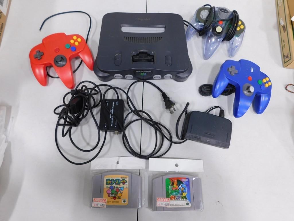 Nintendo 64 Lot including System, 3 Controllers, Wires, 2 Japanese Games (1 of 8)