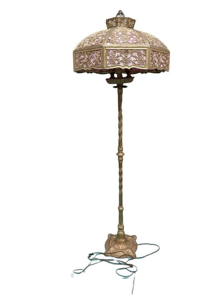 Vintage Slag Glass Lamp with Brass Base Pink Slag Glass Shade with Brass Floral Design: Antique or Vintage Slag Glass Lamp with Brass Base Pink Slag Glass Shade with Brass Floral Design . Works.