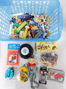 Lot of Small Toys incl Pez Dispensers, Action Figures, Marvin the Martian Sliding Puzzle, Etc: Lot of Small Toys incl Pez Dispensers, Action Figures, Marvin the Martian Sliding Puzzle, Vintage Knee Hugger Elf, etc