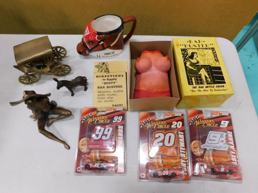 Collectibles incl a Metal Nude Woman Sculpture, Metal Donkey, Seabiscuit Arlington Park Mug,: Collectibles incl a Metal Nude Woman Sculpture, Metal Donkey, Seabiscuit Arlington Park Mug, Winners Circle Nascar Die Cast Cars, Carriage Music Box, etc