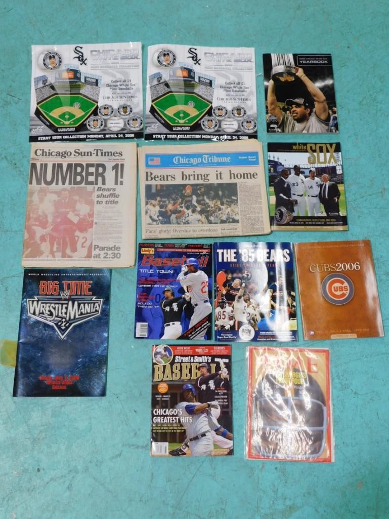 Sports ephemera lot including Chicago Bears, Cubs, WrestleMania, White Sox, magazines, newspapers, e (1 of 13)
