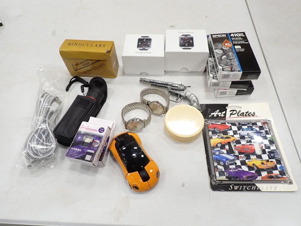 Misc. Lot including USB cable, watches, Car Light Switch Plate, Smart Watches, Epson Ink, Cap Gun,: Misc. Lot including USB cable, watches, Car Light Switch Plate, Smart Watches, Epson Ink, Cap Gun,etc.