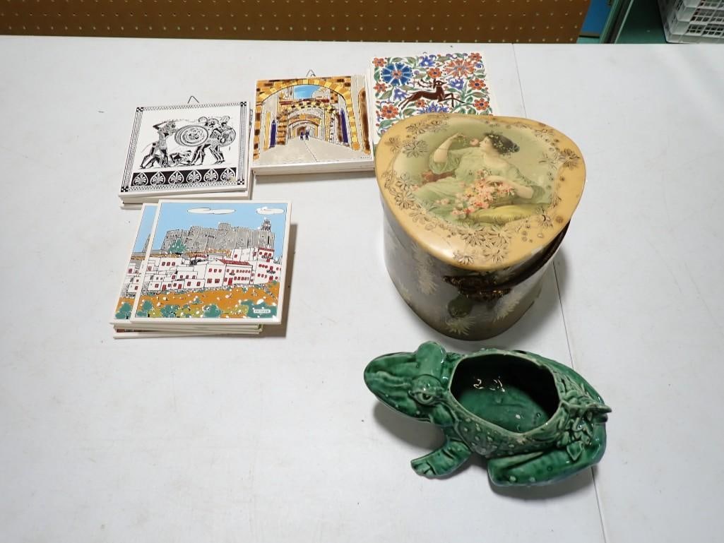 Decorative Wall hanging Tiles or Coasters, Ceramic Frog, Celluloid Collar / Cuff Box, etc. (1 of 13)