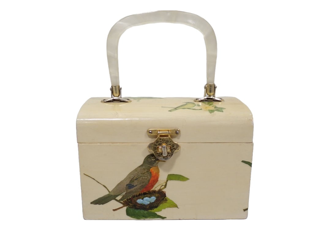 Vintage Purse Wood with Lucite Handle and Bird Design with Military Buttons Inside: Vintage Purse Wood with Lucite Handle and Bird Design with Military Buttons Inside