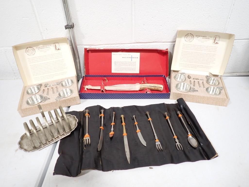 Pewter and Metal Lot including Henry Ford Museum of Reproductions, serving utensils, etc.: Pewter and Metal Lot including Henry Ford Museum of Reproductions, serving utensils, etc.