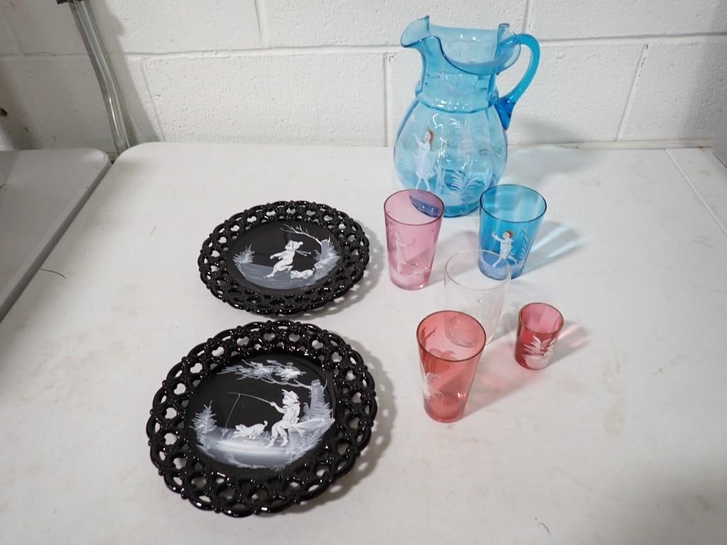 Hand painted Glasses and Dishes Mary Gregory Type, Reticulated Plates (1 of 5)