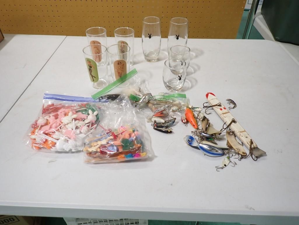 Misc. Lot including Playboy Glasses, Pin Up Girl Glasses, Stirrers, Fishing Lures, etc. (1 of 5)