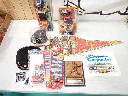 Sports Lot incl 91 92 NBA World Champs Chicago Bulls Pennant, Charles Carpenter Signed Print - No C: Sports Lot incl 91 92 NBA World Champs Chicago Bulls Pennant, Charles Carpenter Signed Print - No COA, Chicago Bears Mini Helmet, Chicago Bears Giant Pez Dispenser, etc