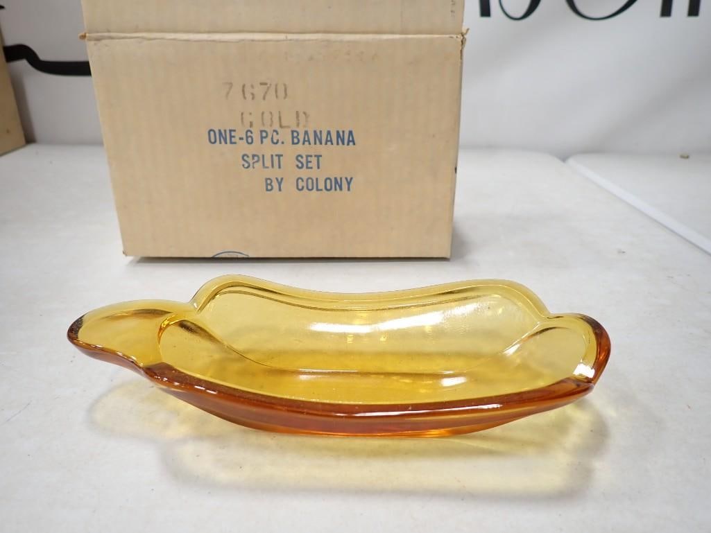 Set of 6 Amber Colony Glass Banana Split Dishes in Original Box (1 of 2)