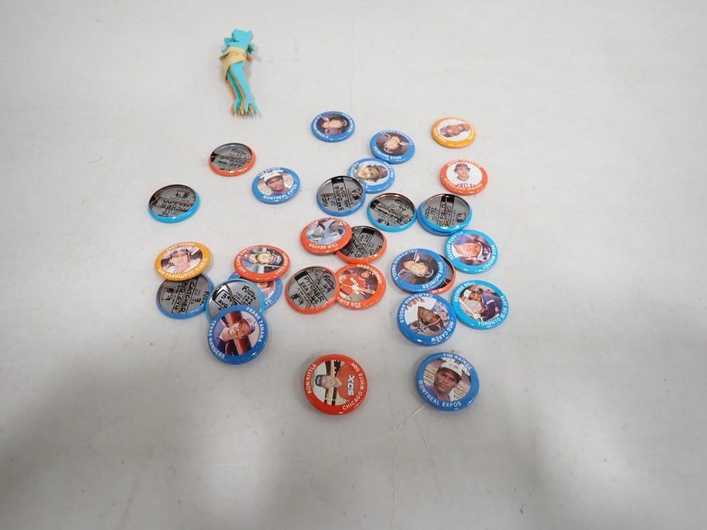 Approx 30 Sports Buttons and Nudie Plastic Appetizer Forks: Smalls Lot including Approx 30 Sports Buttons incl Tom Seaver, Rod Carew, George Bell, etc and Vintage Nudie Plastic Appetizer Forks