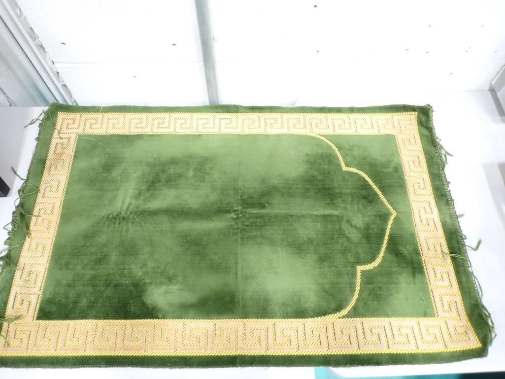 Green and Tan Turkish Rug Made in Turkey Approx 48" x 26" with Fringe: Green and Tan Turkish Rug Made in Turkey Approx 48" x 26" with Fringe