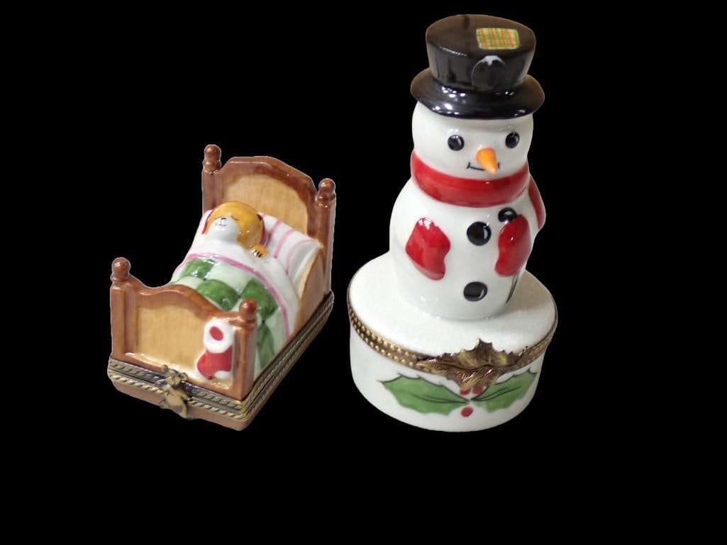 2 Limoges Trinket Boxes incl 1 Christmas Teddy Bear in a Bed and 1 Snowman (1 of 7)