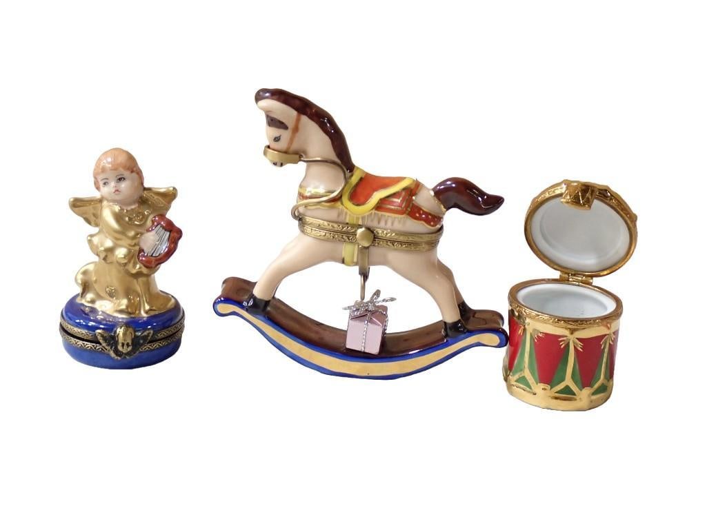 3 Limoges Trinket Boxes incl Rocking Horse w/ Present, Christmas Drum, Angel with Heart (1 of 9)