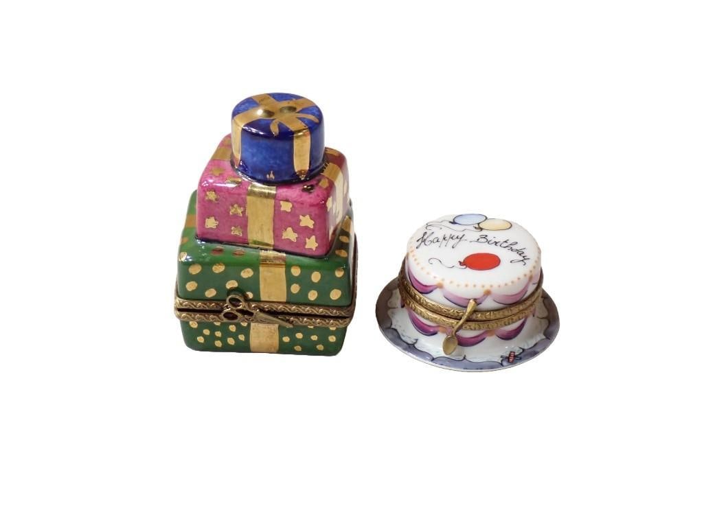 2 Limoges Trinket Boxes incl Stack of Gifts Box with Teddy Bear Inside and Birthday Cake Trinket Box (1 of 4)