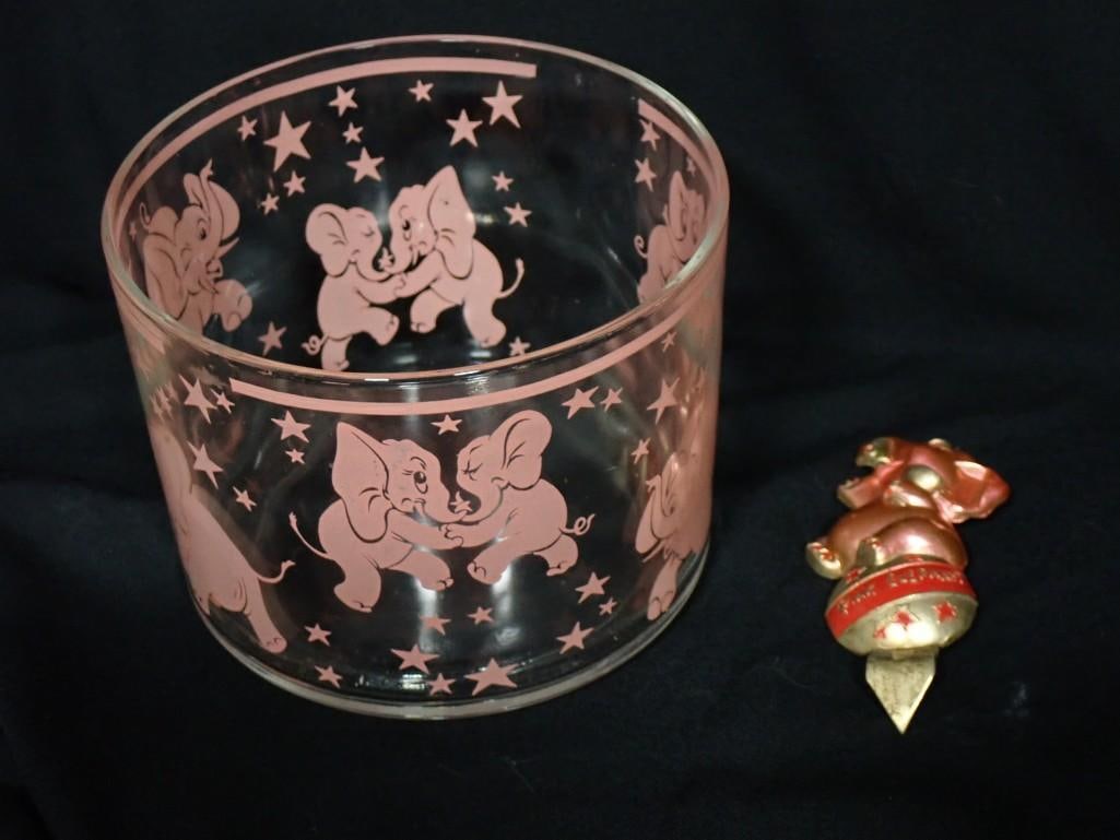 Vintage Hazel Atlas Pink Elephant Ice Bucket and a Pink Elephant Bottle Opener: Vintage Hazel Atlas Pink Elephant Ice Bucket and a Pink Elephant Bottle Opener