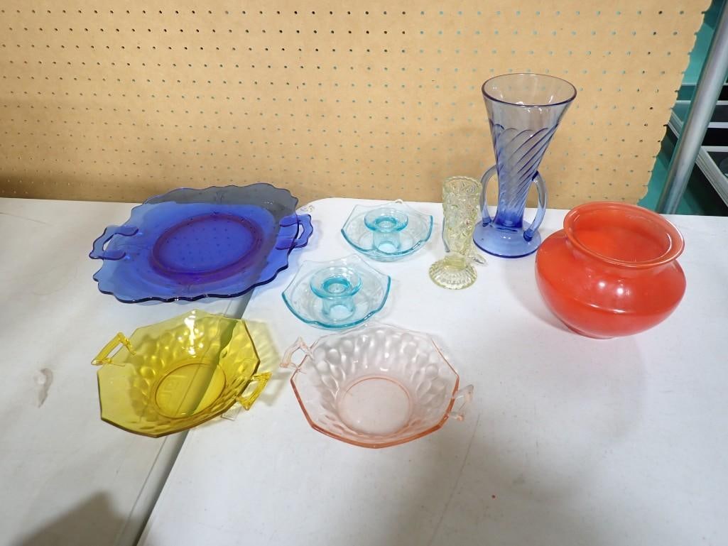 Vintage Glass Lot incl Blue Glass Candlesticks, Cobalt Blue 2 Handle Plate, Yellow Glass Horn, Pink (1 of 8)