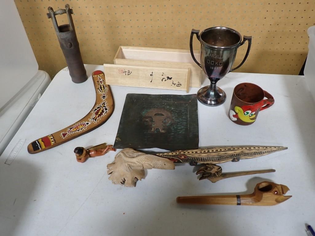 Collectibles Lot incl Carved Lizard, South American Metal Etching, Woody Woodpecker Mug (1 of 14)
