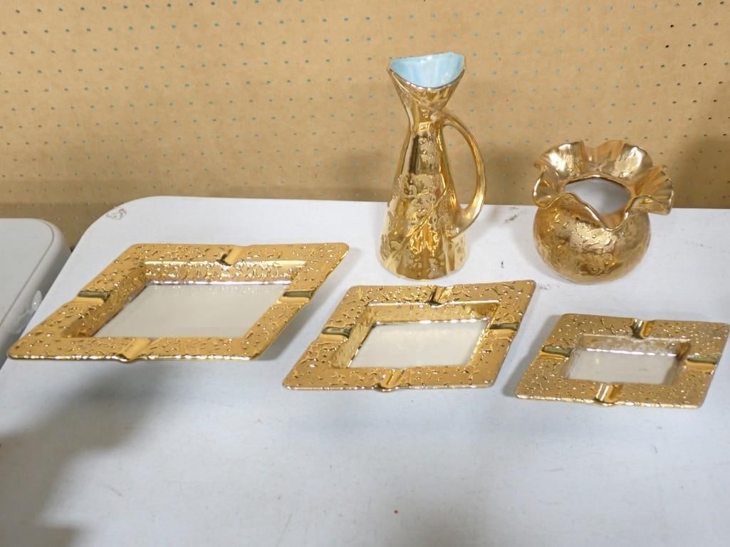 MCM Gold Gilt Lot incl 3 Ashtrays Hand Decorated Weeping Bright Gold and 2 Vases (1 of 8)