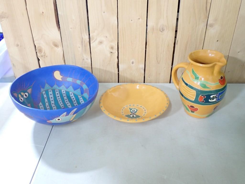Lori Faye Bock Lot incl Cat and Mouse Bowl and Folk Art Pottery Pitcher and Bowl (1 of 12)