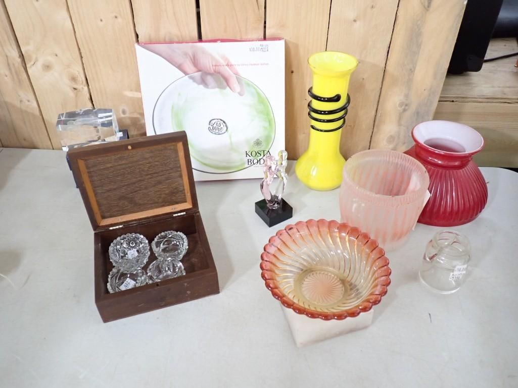 Glass Lot incl Kosta Boda Plate, Yellow Art Glass Vase, Laser Etched Cow Jumping Over the Moon (1 of 12)