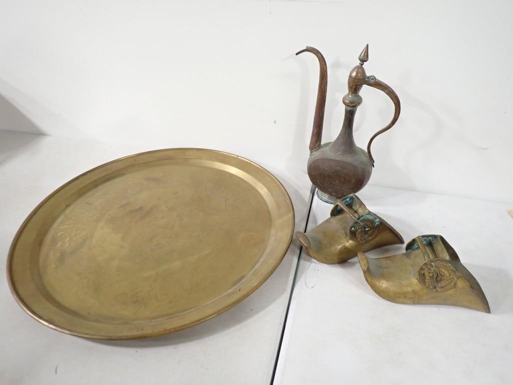 Brass Lot incl Antique Brass Shoe Stirrups, 25" Brass Tray, Antique Pitcher (1 of 10)