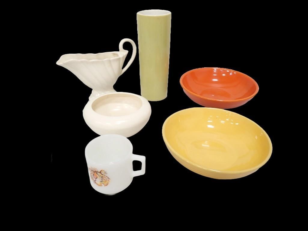 Bauer Pottery Incl Bauer Atlanta Vase, Yellow and Orange Bowls, Off White Planter, (1 of 5)