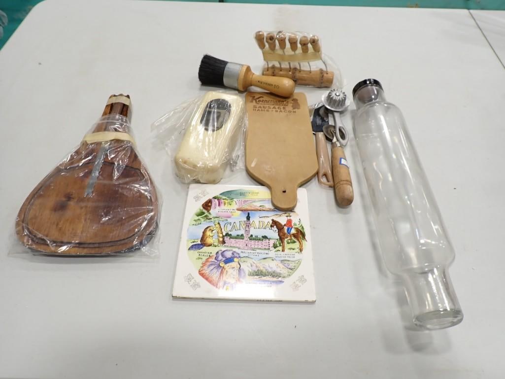 Kitchen Lot incl Vintage Glass Rolling Pin, Cutting Board, Etc (1 of 3)