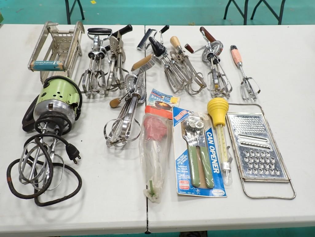 Vintage Kitchen incl Hand Mixers / Egg Beaters, Grater, Can Opener, Electric Hand Mixer - Untested: Vintage Kitchen incl Hand Mixers / Egg Beaters, Grater, Can Opener, Electric Hand Mixer - Untested, French Fry Chopper, etc