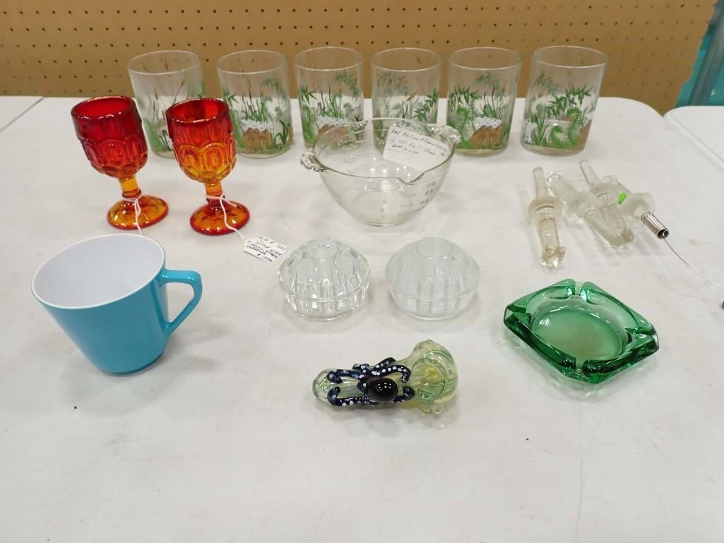 Vintaeg incl Flower Frogs, LE Smith Moon and Stars Goblets, Green Glass Ashtray, etc (1 of 5)